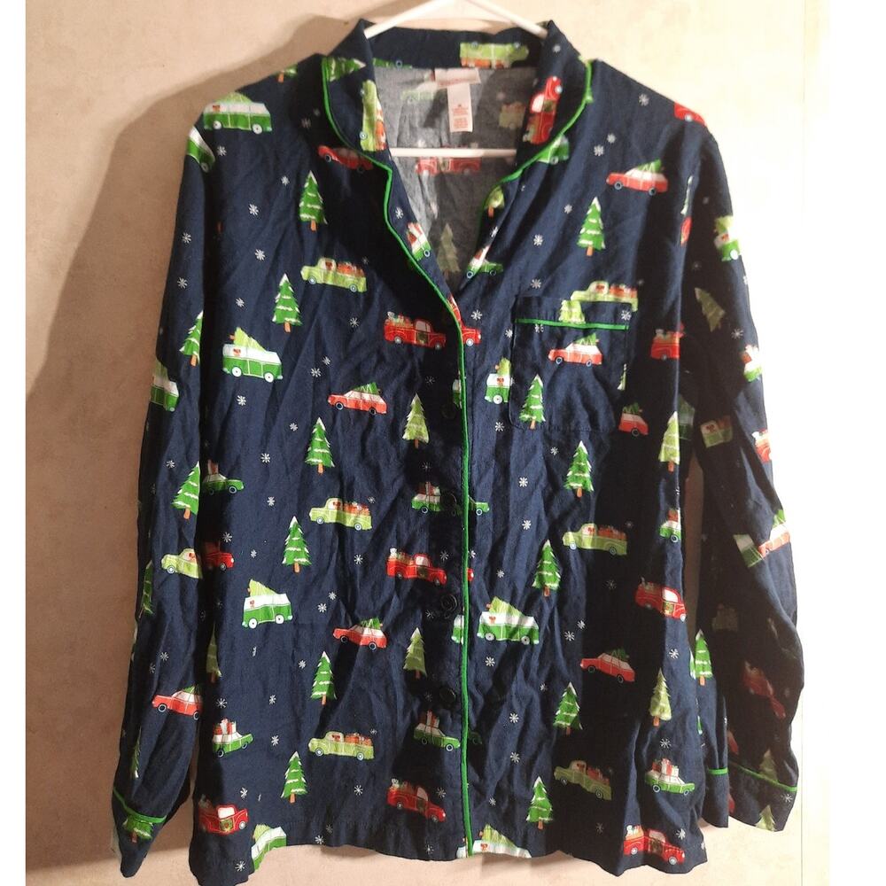Christmas Flannel Pajama Top Womens M Cars Trees Cotton Button Front Holiday